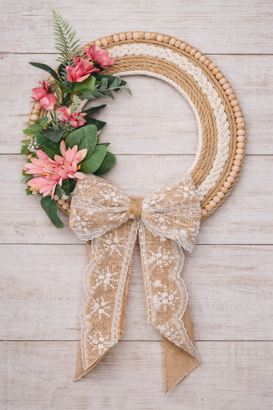 Beaded Wreath Wall Decor $47 and up boho beaded wreath neutral farmhouse decor floral wood bead wreath rustic wall decor handmade wreath with bow