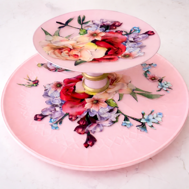 Handmade Floral Tiered Tray $57 and up Handmade floral tiered tray centerpiece pink glass decor farmhouse style